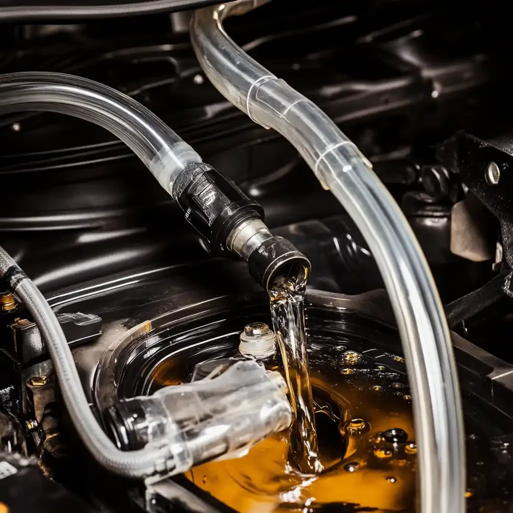 Professionelle Getriebespülung eines BMW Automatikgetriebes - frisches Getriebeöl fließt durch transparente Spülschläuche